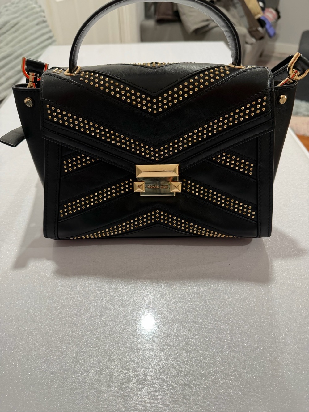 Michael Kors Black Leather Satchel with Gold Stud Accents